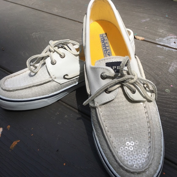 Sperry Shoes - Sperry White Sequin Boat Shoes Sz 8 EUC